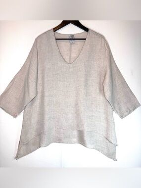 La FIXSUN linen tunic top sz L layered asymmetric hem V neck Natural Lagenlook